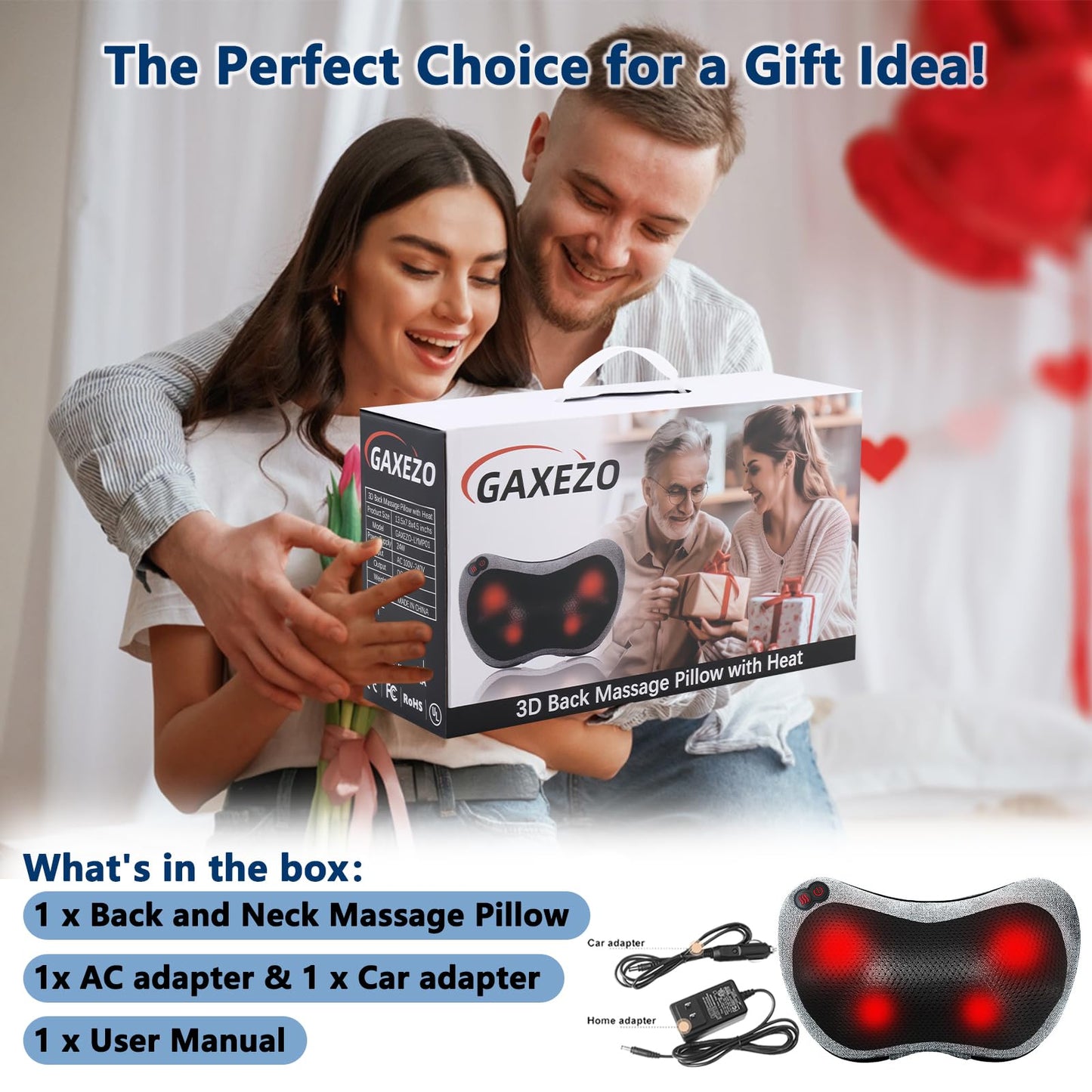 GAXEZO Massage Pillow, Neck and Back Massager with Heat, Shiatsu Massage Pillow for for Back, Shoulder, Leg, Foot, Gift for Men Women Mom Dad, Stress Relax at Home Office and Car