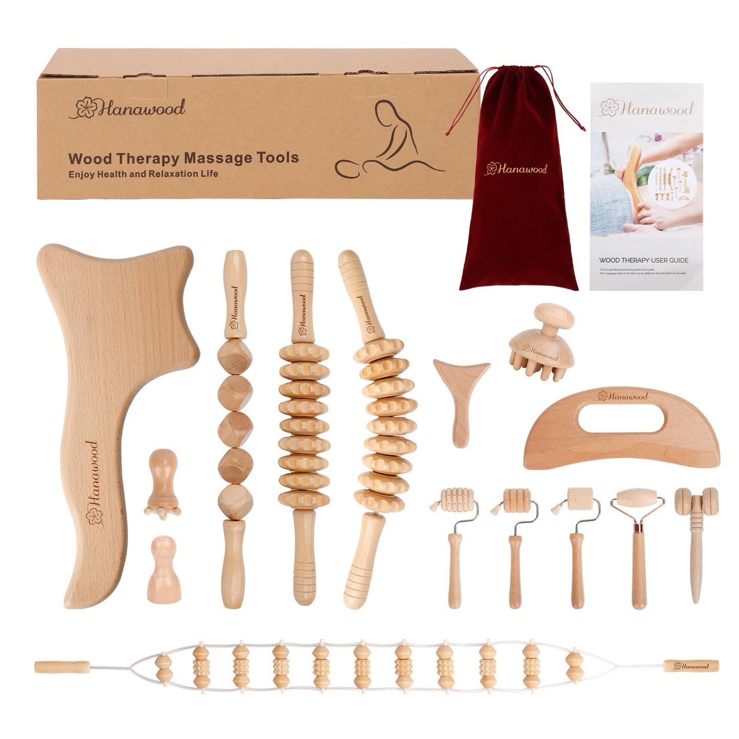 15 Pcs Wood Therapy Massage Tools Set Maderoterapia Kit Therapy Tools for Body Muscle Pain Relief Wooden Body Face Sculpting Tools Wood Roller Massager, Fascia Massage