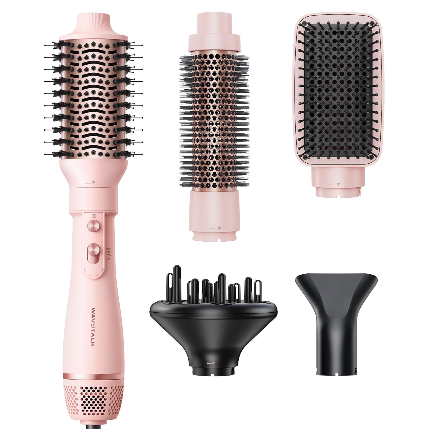 Blow Dryer Brush Set, Wavytalk Air Sculpt 5-in-1 Hot Air Brush Set, Multi Hair Styler for Salon Blowouts, Smooth Curls, Volumizing and Straightening, Sleek and Less Frizz, Pink