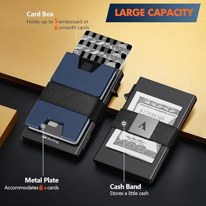 AUTLEY Slim Wallet For Men, Rfid Blocking Mens Wallet, Minimalist Wallet For Men, Pop Up Credit Card Holder with Cash Band (Blue+Black)