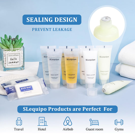SLequipo 5-IN-1 Hotel Soaps and Toiletries Bulk Set, Hotel Toiletries (100Pcs) 5-Piece Set: 20 Bar Soap 0.5oz, 20 Shampoo, 20 Body Wash, 20 Body Lotion, 20 Conditioner - Mini Guest Toiletries Bulk