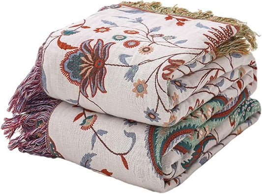 Boho Throw Blankets 80"x90",100% Cozy Cotton Blanket for Travel, Picnic, Reversible Lightweight Knitted Farmhouse Muslin Blankets for Bedroom,Home Decor