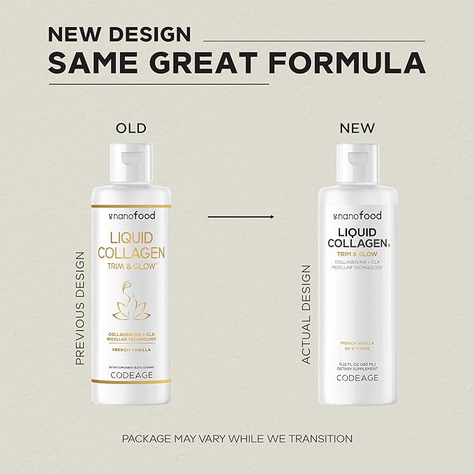 Codeage Liquid Collagen Supplement Vanilla Flavor, Beauty Trim & Glow Liposomal Collagen Peptides, CLA Conjugated Linoleic Acid, Hyaluronic Acid, Vitamin E, Hydrolyzed, Non-GMO, 15.22 fl oz