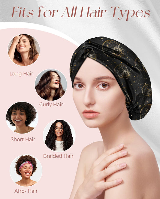 Miss Adola Silk Bonnet for Women - Mulberry Silk Sleep Cap for Hair Care with Eye Mask & Scrunchie 19 Momme Night Cap Sleeping Set with Elastic Stay On Head, Black Sun Moon