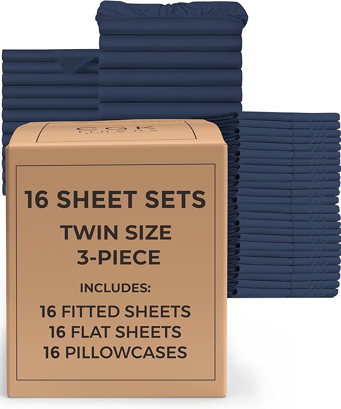 Bulk Case Pack of 16 Sheet Sets - (16) Complete Twin Size Sheet Sets w/ Deep Pockets - Wholesale Bulk Bedding for Hotels, Spas & Airbnbs - Breathable, Cooling, Soft & Wrinkle Free - (Twin, Navy Blue)
