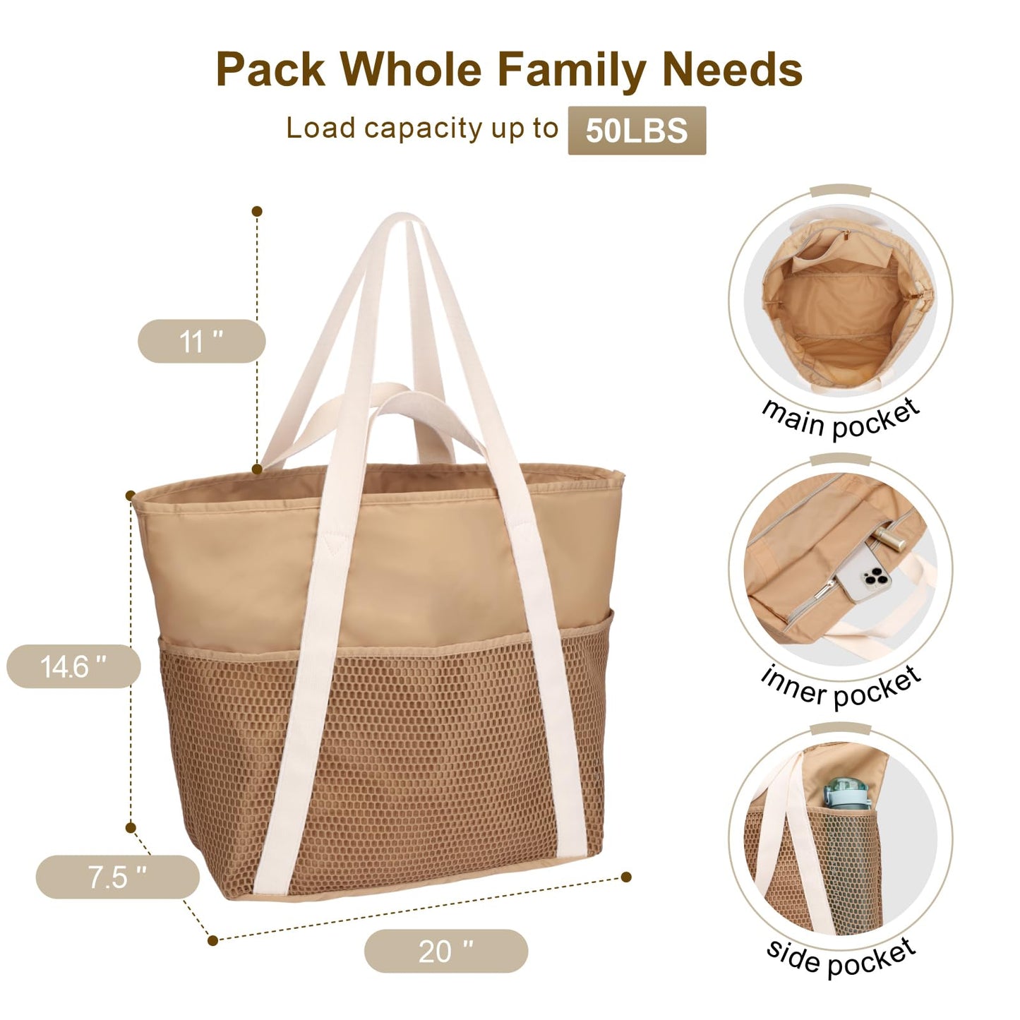 F-color Waterproof Beach Bag for Women - 8 Pockets Foldable Beach Bag Tote with Sandproof Side Mesh Bag, Carry on Tote Bag with Zipper for Travel Pool Swim Cruise Vacation Essentials, Khaki