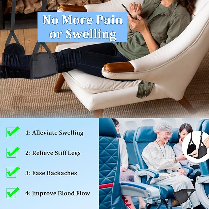 Airplane Travel Foot Hammock Made with Premium Memory Foam, No Collapse Airplane Footrest with Extended Adjustment Strap, Foot Hammock & Portable Plane Leg Rest, Provides Relaxation and Comfortable
