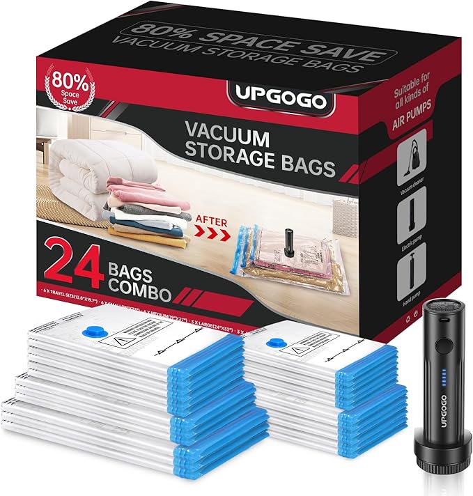 Combo 24 Pack Vacuum Storage Bags with Portable Electric Pump,Vacuum Seal Bags for Clothing,Space Saver Bags,Vacuum Travel Bags for Luggage