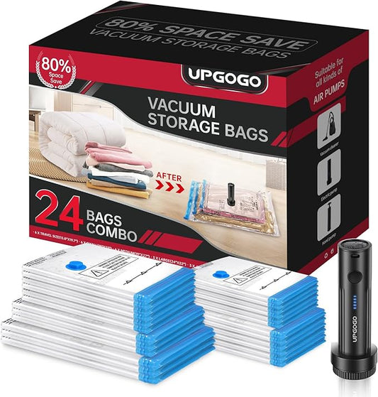 Combo 24 Pack Vacuum Storage Bags with Portable Electric Pump,Vacuum Seal Bags for Clothing,Space Saver Bags,Vacuum Travel Bags for Luggage