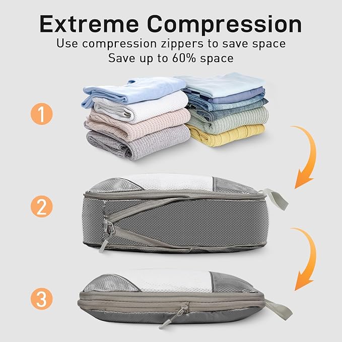 Compression Packing Cubes for Travel 6 Set Expandable Packing Organizers Durable Luggage Bags Organizers for Suitcases Travel Accessories (Gray)
