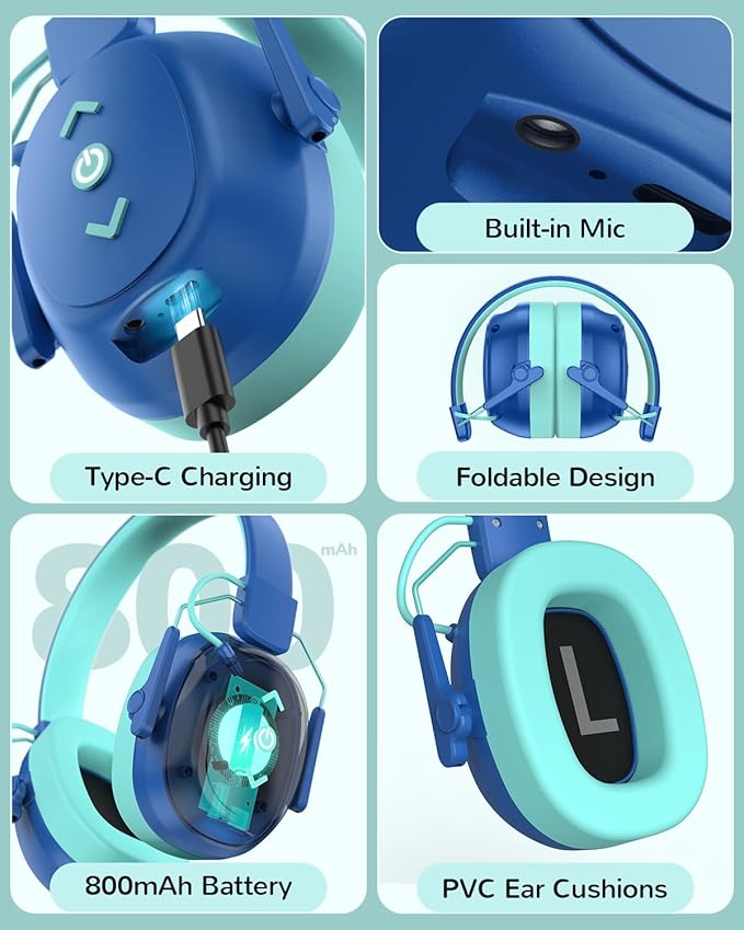 Kids Noise Cancelling Headphones, Sound Proof Ear Protection, 29dB SNR Noise Reduction Bluetooth 6.0 Earmuff, 94dB Lock - 80H Playtime, Hearing Protection for Autism, Shooting Gun Range Mowing (Blue)