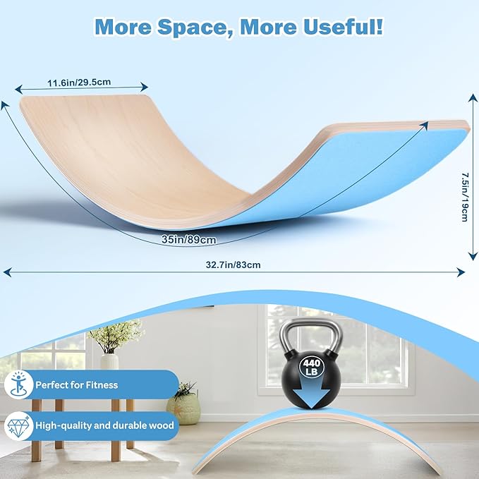 Adult Balance Board, 35 Inch Natural Wooden Wobble Balancing Board, Rocker Board with Non Slip Felt Yoga Curvy Board for Women and Men