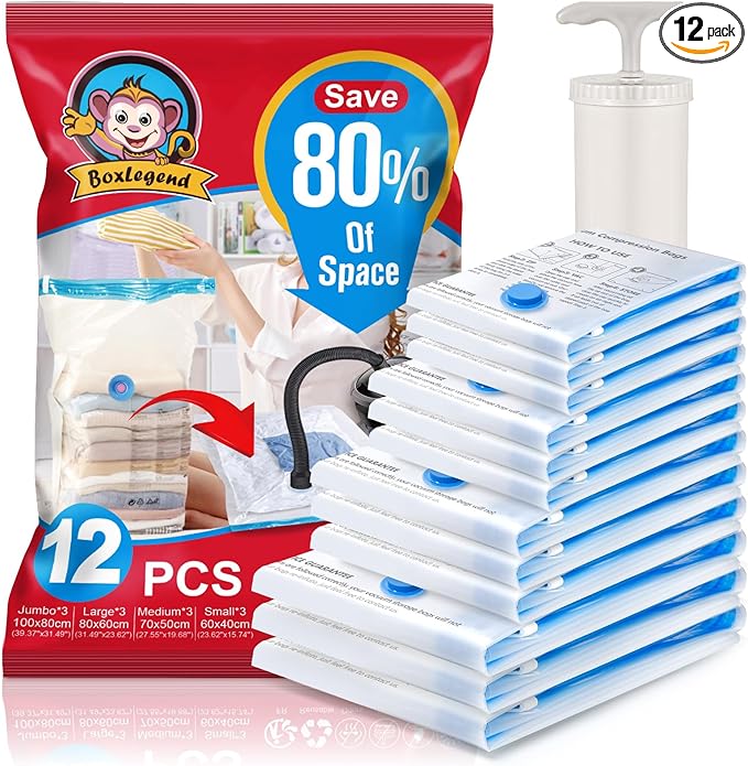 BoxLegend Vacuum Storage Bags with Large Hand Pump 12 Combo (3 Jumbo,3 Large, 3 Medium, 3 Small) Thickened Vacuum Seal Bags for Clothing Coat Bedding Quilt Blanket Pillow Comforters