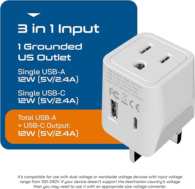 Ceptics UK adapters for travel to London, Hong Kong, Ireland - USB-A + USB-C & USA Input - Type G Adapter Grounded - Ideal for Phone, Laptop, Cameras