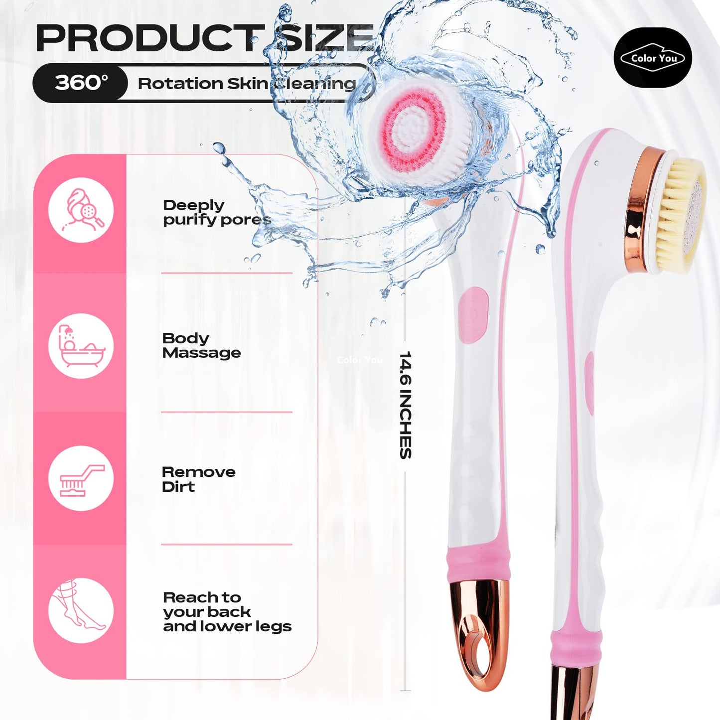 Color You Electric Body Brush for Exfoliating and Massage, Long Handle Electric Bath Brush Rechargeable Body Scrubber, Soft Silicone Spinning Skin Brush with 4 Spin Brush Heads for Man and Women