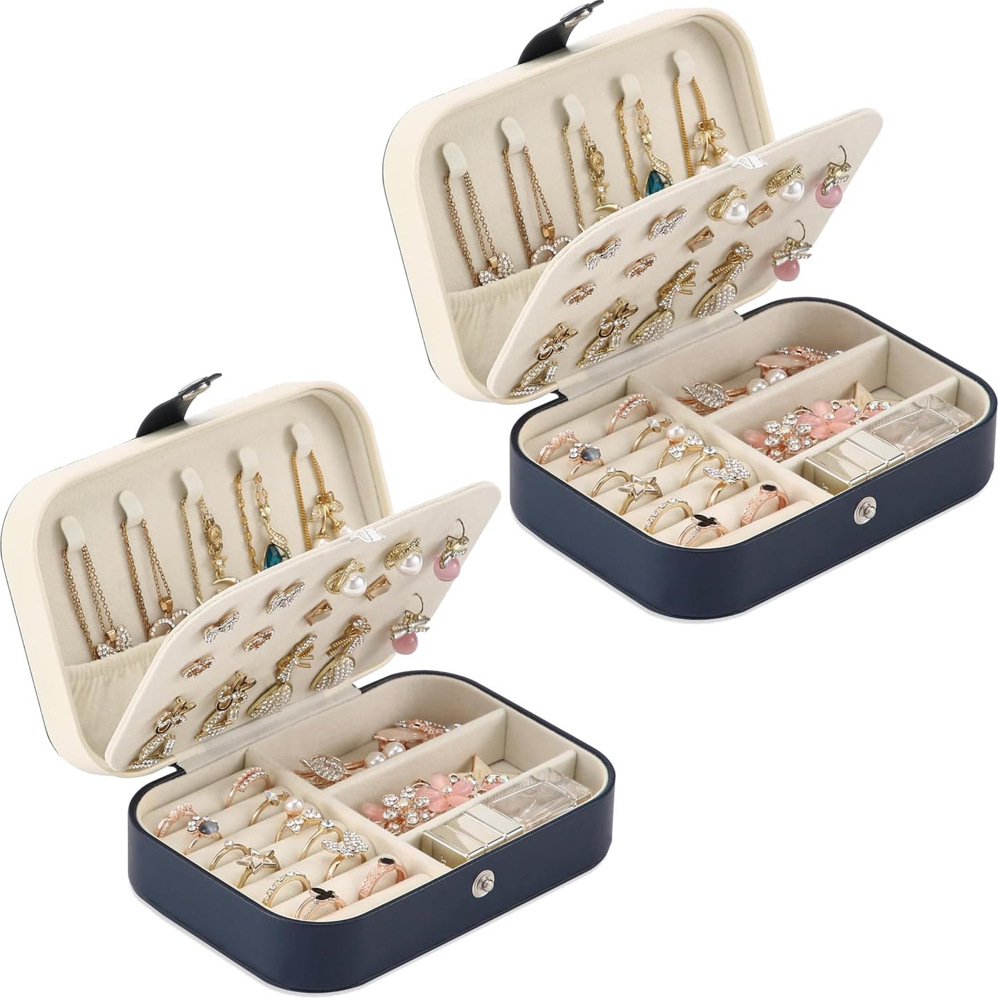 XZUZ Travel Jewelry Box, PU leather Small Jewelry Organizer For Female Girls, double layer portable mini travel case for storing earrings, rings, necklaces.(Dark Blue 2pcs)