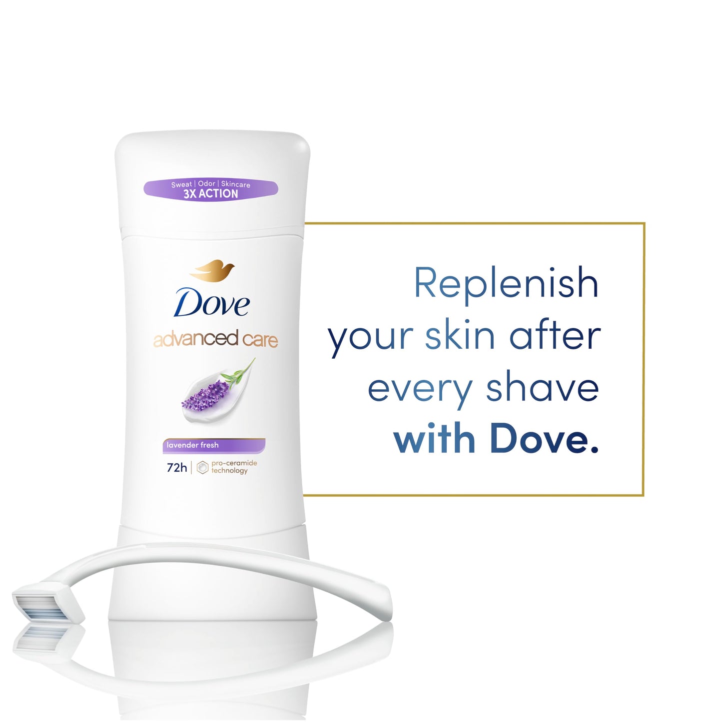 Dove Advanced Care Antiperspirant Deodorant Stick Lavender Fresh for Helping Repair Skin Barrier After Shaving, with 72-Hour Sweat & Odor Protection, 2.6 oz
