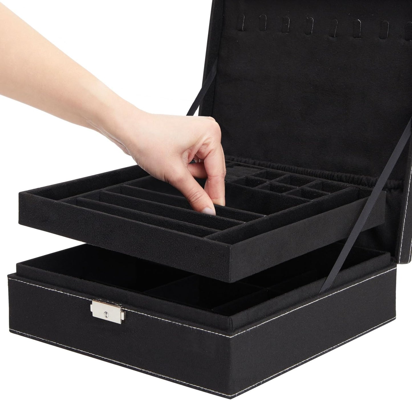 Juvale Jewelry Box for Men - 10.5 x 10.5 x 3.5 in, Black Velvet - Locking 2-Layer Travel Jewelry Organizer & Earring Holder, Necklace Organizer & Decorative Tray