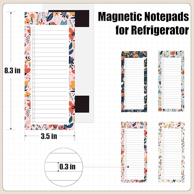 Koogel Magnetic Fridge Notepads, Floral Design, 4 Pack 200 Sheets Grocery List Notepad, 70g Premium Paper, Tear-Off Sheets, Perfect for Daily Schedules, Shopping Lists & Task Management, To-Do List