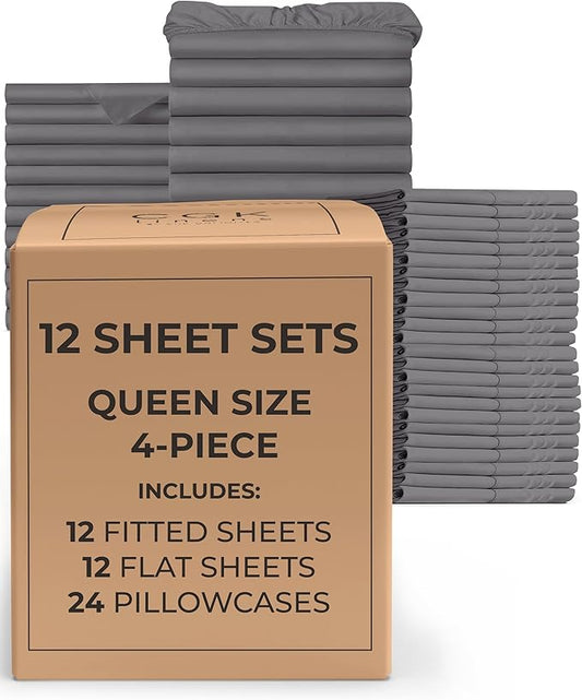 Bulk Case Pack of 12 Sheet Sets - (12) Complete Sheet Sets - Bulk Queen Bedding - Wholesale Case Pack for Hotels, Spa & Airbnbs - Deep Pocket & Wrinkle Free - Cooling & Breathable - Queen, Dark Grey