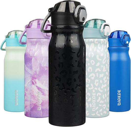 BJPKPK 25oz Insulated Water Bottle With Straw Stainless Steel Double Wall Water Bottles BPA Free Leak Proof Thermo With Lockable Flip Lid And Soft Silicone Spout,Black Leopard