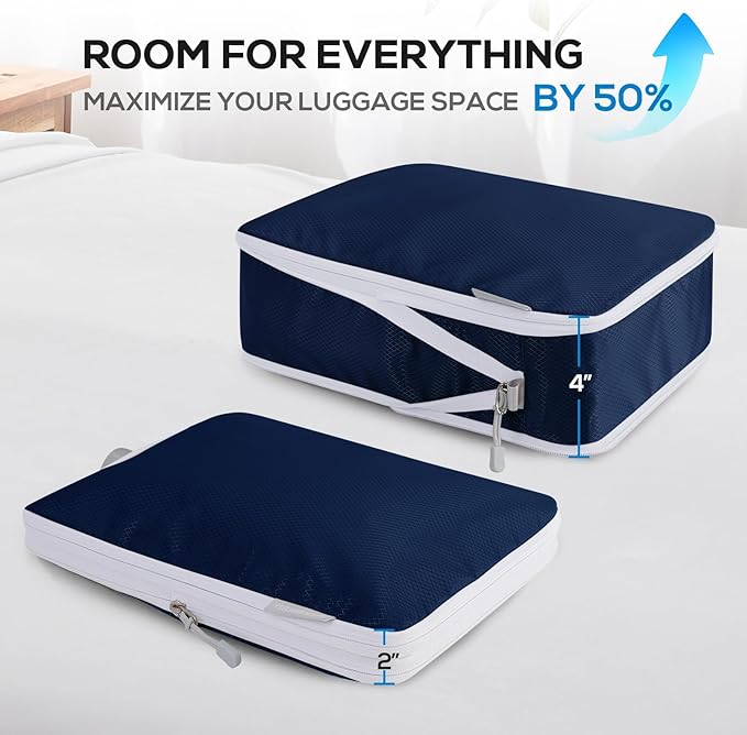 Compression Packing Cubes, 6 Set Packing Cubes for Travel Compression, Lightweight Compressible Package Organizer for Carry On and Suitcases, Navy and White