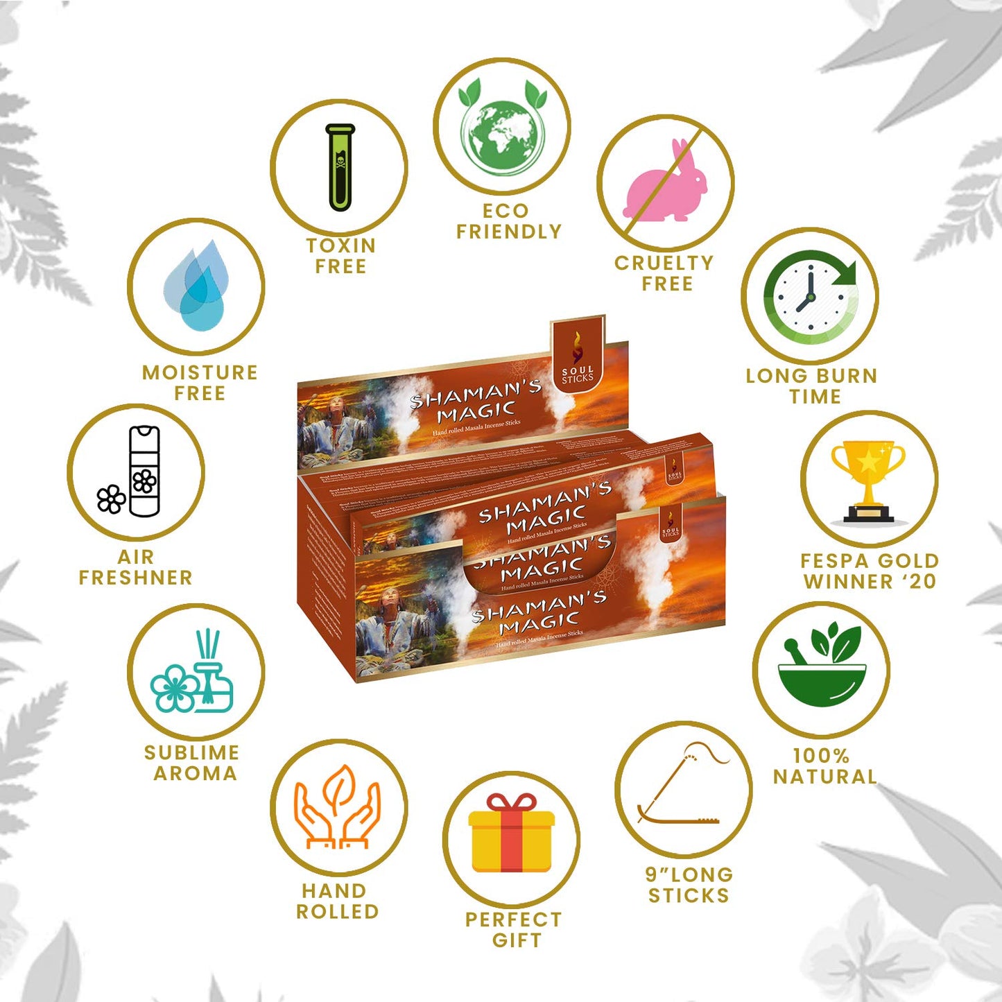 SOUL STICKS Hand-Rolled Incense Sticks Divine Spirit Blends 180 Gram Box | 100% Natural Masala Incense Organic Home Fragrance Agarbatti (Shaman's Magic)