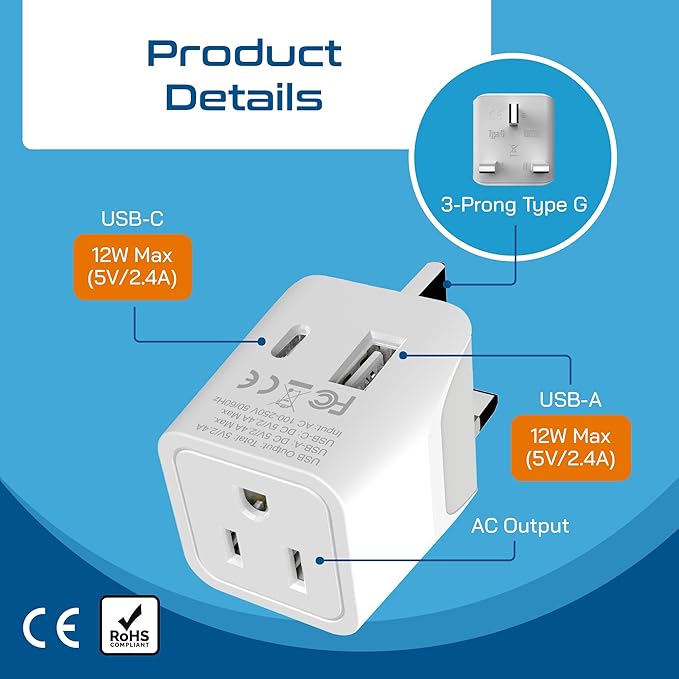 Ceptics UK adapters for travel to London, Hong Kong, Ireland - USB-A + USB-C & USA Input - Type G Adapter Grounded - Ideal for Phone, Laptop, Cameras