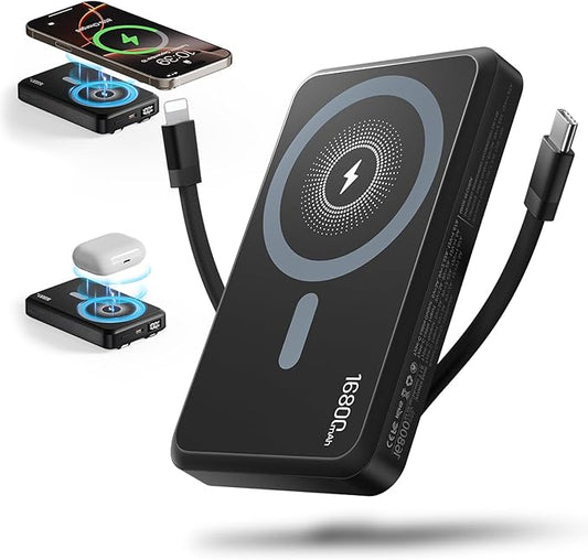 2025 Latest Magnetic Wireless Power Bank, 16800mAh Portable Charger with 2 Built in Cables, LED Display Magnetic Battery Pack Travel Essentials for iPhone 16/15/14/13/12/Pro/Mini/Pro Max Andriod