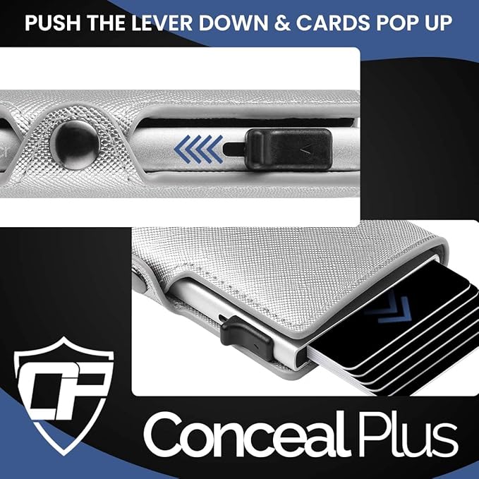 Card Blocr Womens Slim Wallet for Small Purses, Pop Up Wallet with Anti Theft RFID Blocking Credit Card Holder for Women in Platinum PU Saffiano Leather