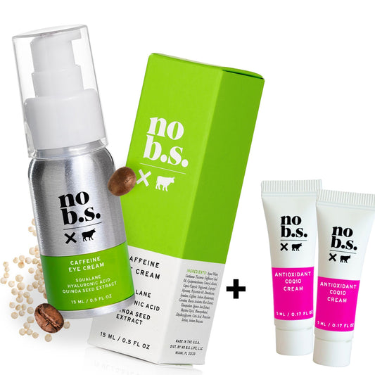 No B.S. (No Bad Stuff) Caffeine Eye Cream anti aging bundle with Two CoQ10 Deluxe Minis. Under Eye Cream for Dark Circles and Puffiness. Includes CoQ10 for Wrinkles.