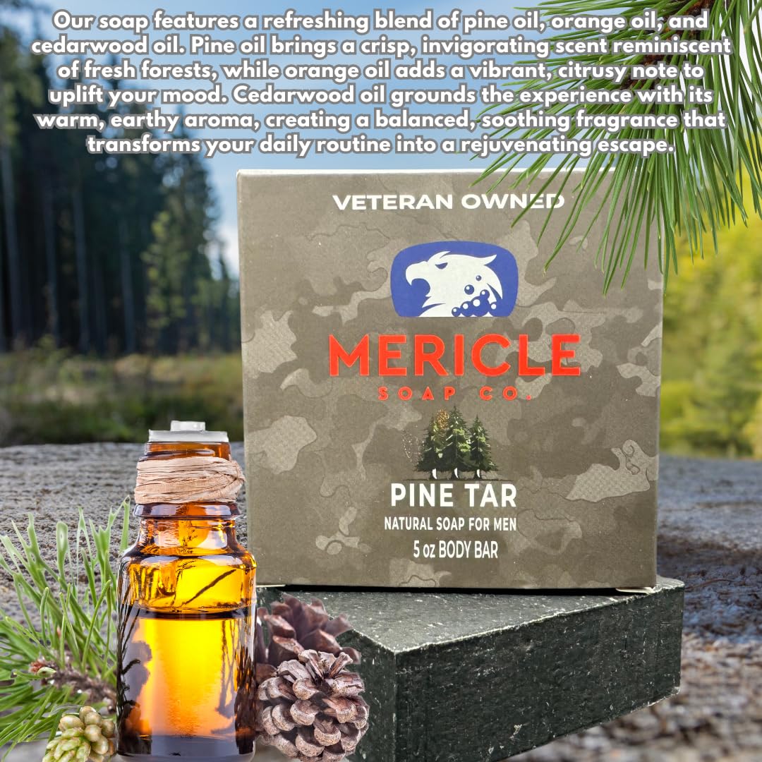 Mericle Soap Co. Pine Tar Organic 5oz Body Bar | Veteran Owned | Traditional Cold Process Technology | 100% Natural Ingredients | No Harsh Chemicals | Exfoliating | Made in the USA - Pack of 3