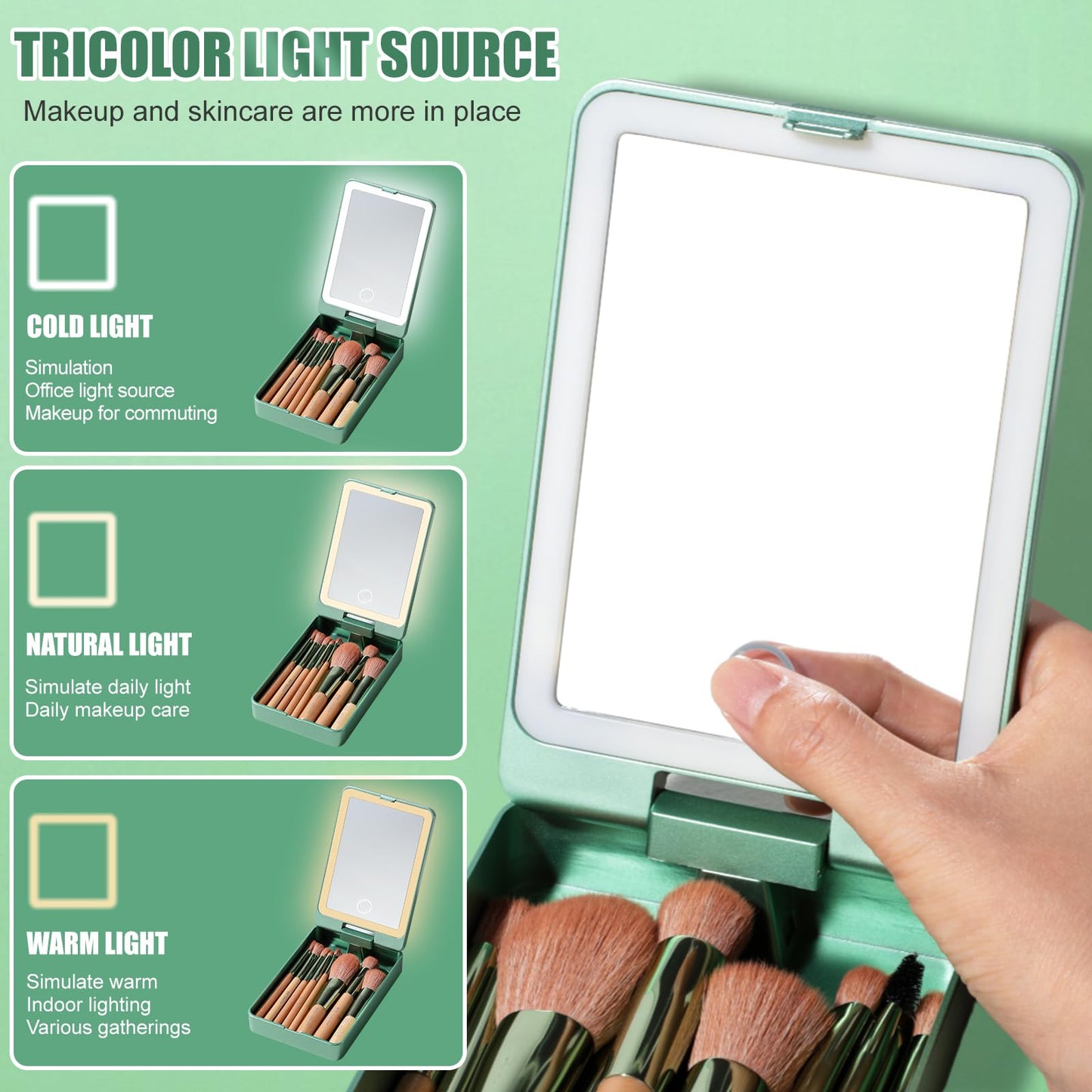 BS-MALL Travel Makeup Brush Set – 14 Pcs Foundation Powder Concealers Eye Shadows with LED Light Mirror, Green