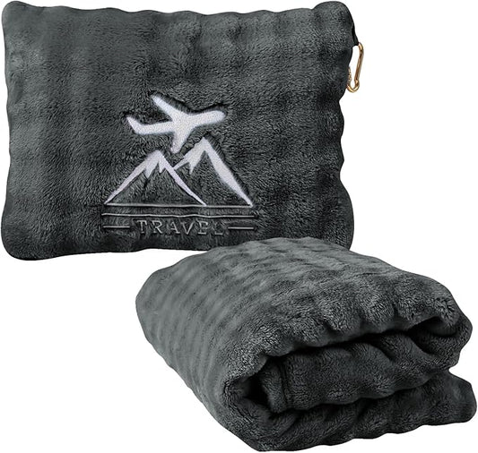 Travel Blanket and Pillow-2-in-1, Ultra-Soft&Compact, One-Piece Airplane Blanket with Hand Luggage Belt and Backpack Clip,Travelers Accessories Gifts, 61x43 Inches (Dark Grey)
