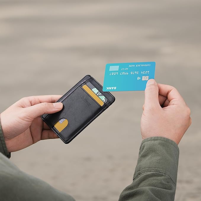 Buffway Slim Minimalist Front Pocket RFID Blocking Leather Wallets for Men and Women - Slate Black