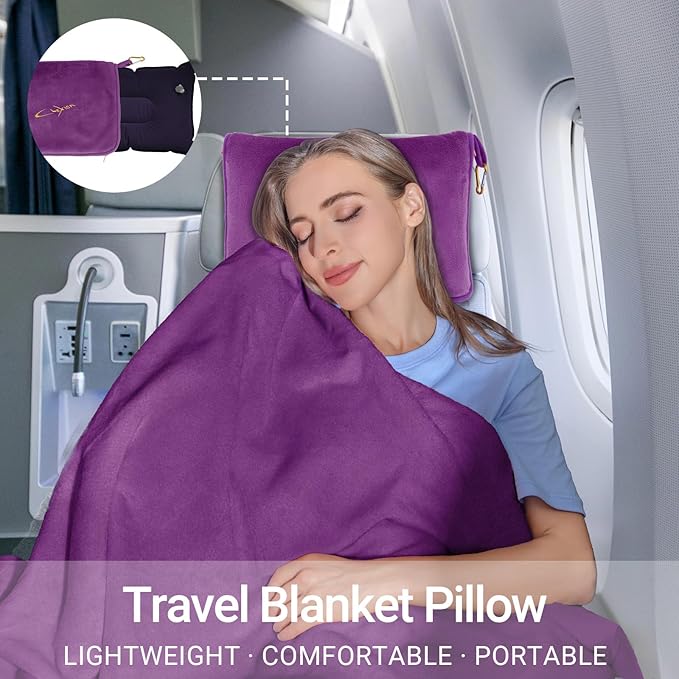 Travel Blanket & Pillow Set, 300 GSM Soft Fleece, 60x43 Inches, 3-in-1 Airplane Blanket, Travel Pillow and Blanket Set, Travel Blanket Airplane Compact with Bag, Travel Essentials, Violet