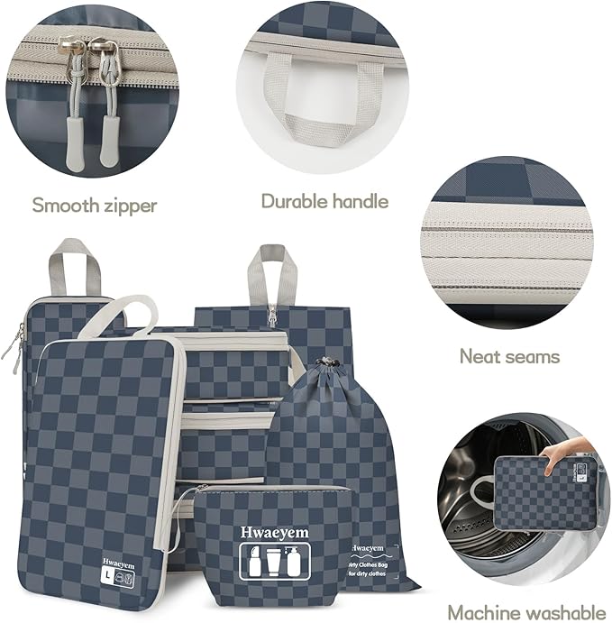 8 Set Compression Packing Cubes for Travel, Lightweight Dual Zipper Packing Cubes, Space-Saving Suitcase Organizer for Travel/Business Trip/Family Vacation (Blue-Gray Checkered)