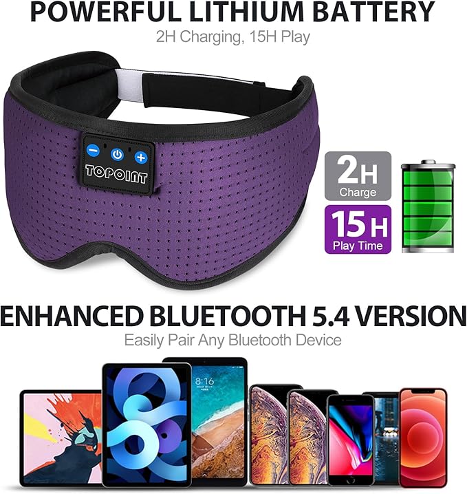 TOPOINT Sleep Mask with Bluetooth Headphones, Breathable Silk Eye Mask for Sleeping Men Women, Bluetooth Sleep Mask Blackout with Speakers, Microphone Handsfree, USB C for Travel Meditation Gifts