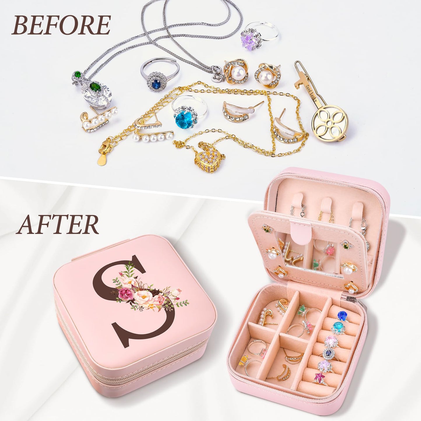 Travel Jewelry Case Box Organizer, Personalized Gifts for Women Wife Mom Aunt, Mothers Day Mom Gifts from Daughter Son, Bridal Shower Giftware for Women, Bridesmaid Proposal Unique Presents, Initial S