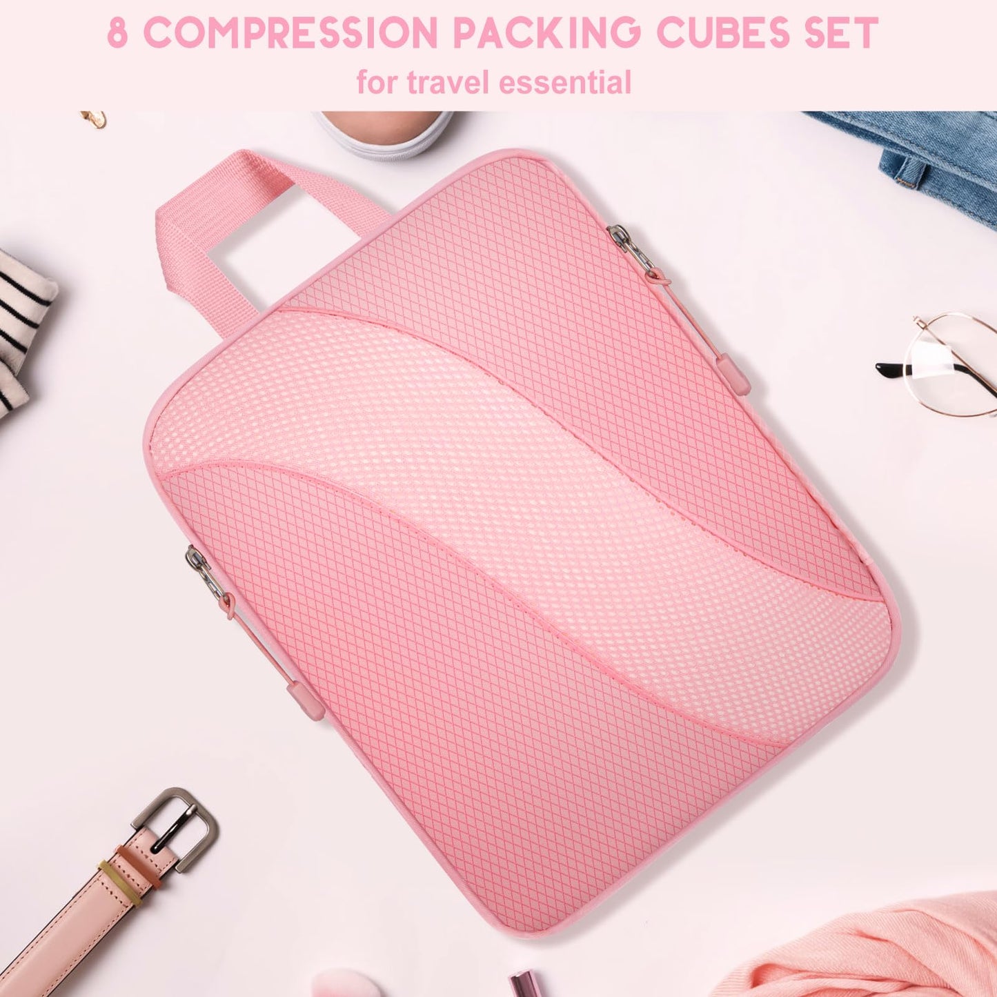 8 Set Compression Packing Cubes Travel, Expandable Travel Cubes for Carry on Luggage, Suitcase Organizer Compression Bags for Travel Essentials, Pink