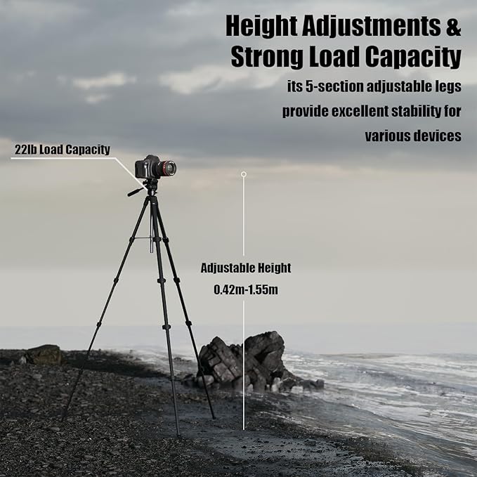 Camera Tripod, Travel Tripod for Camera Canon EOS Rebel Nikon, 61" Lightweight Phone Stand with Wireless Remote & Carry Bag, Compatible with DSLR, iPhone, Spotting Scopes, Max Load 11lb