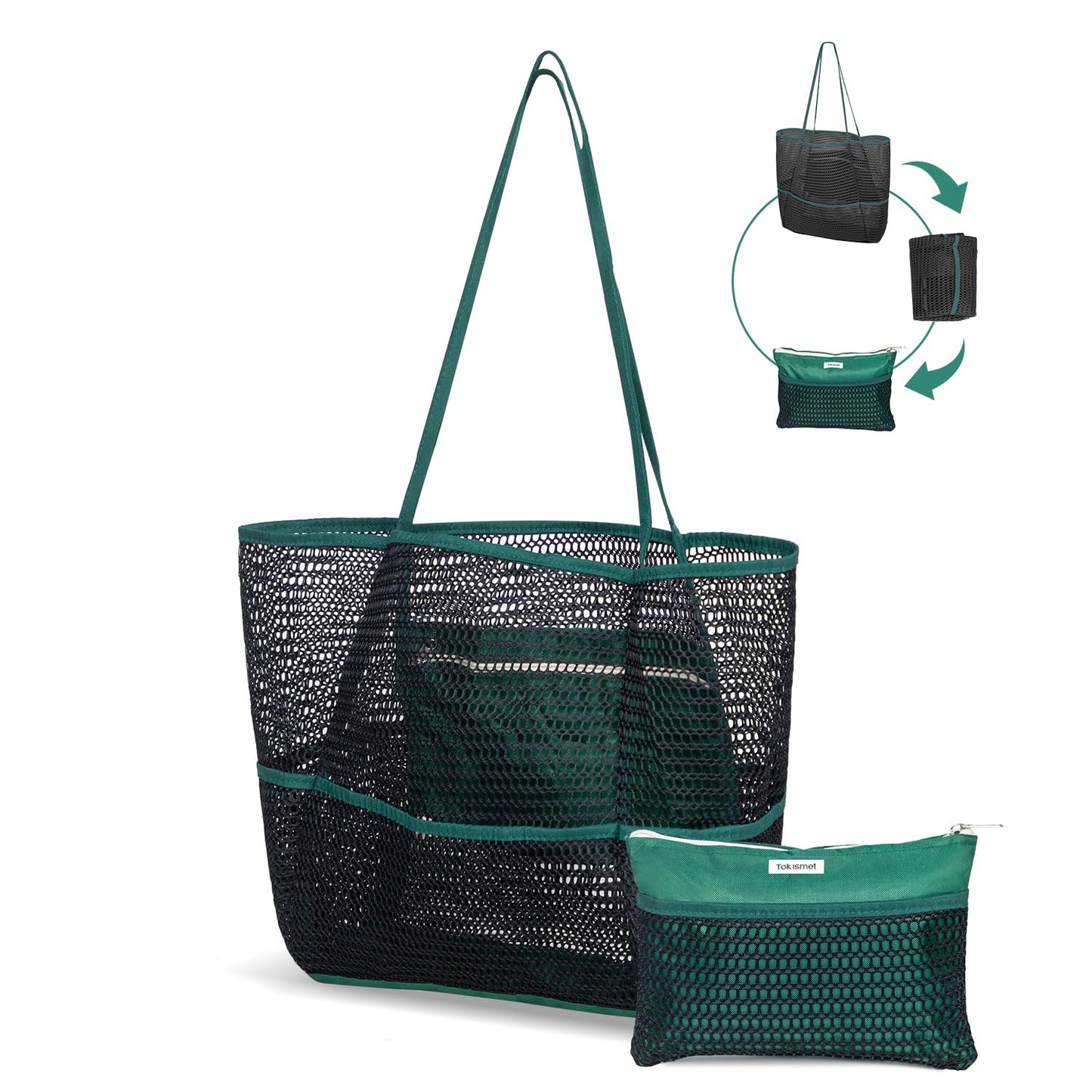 Mesh Beach Tote Bag Packable,2025 New 2-in-1 Large Lightweight Foldable Beach Bags with Multiple Pockets for Women (Black)