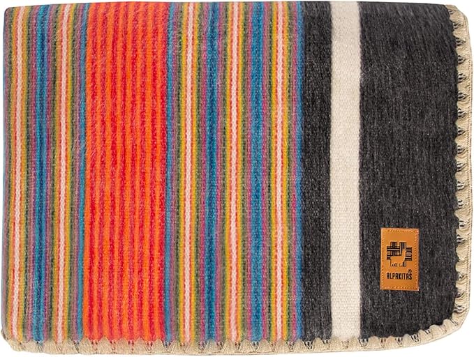 Alpaca Wool Blanket – Queen Size, 87 x 64 Inches – Warm & Lightweight – Couch, Bed, or Outdoor Blanket – Orange & Blue