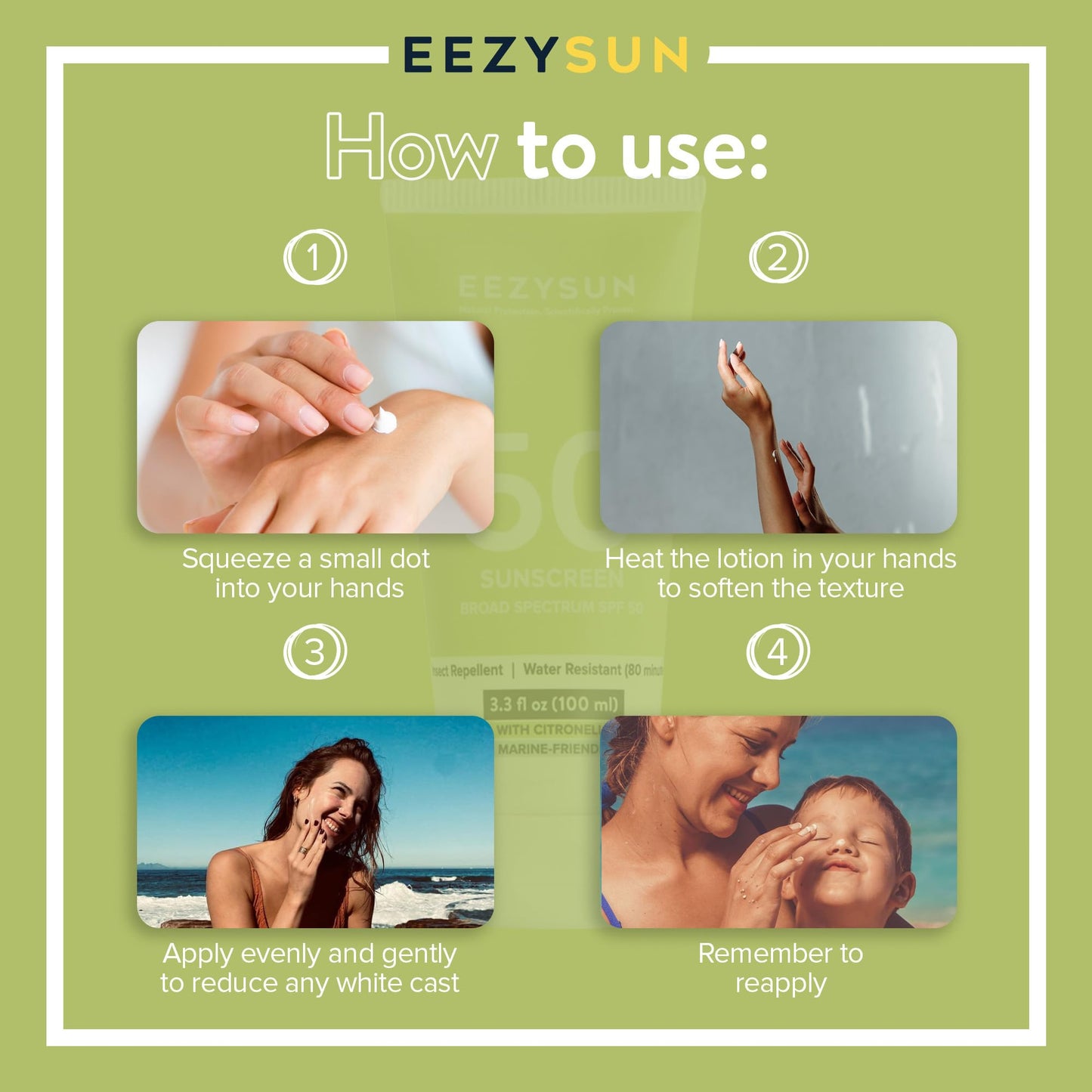 EEZYSUN SPF 50 Sunscreen and Insect Repellent - Water-Resistant Sunscreen Travel Size & Bug Repellent with Citronella Oil, Lemongrass, and Neem Oil - Reef-Safe Bug Repellent Outdoor - 3.3 fl oz