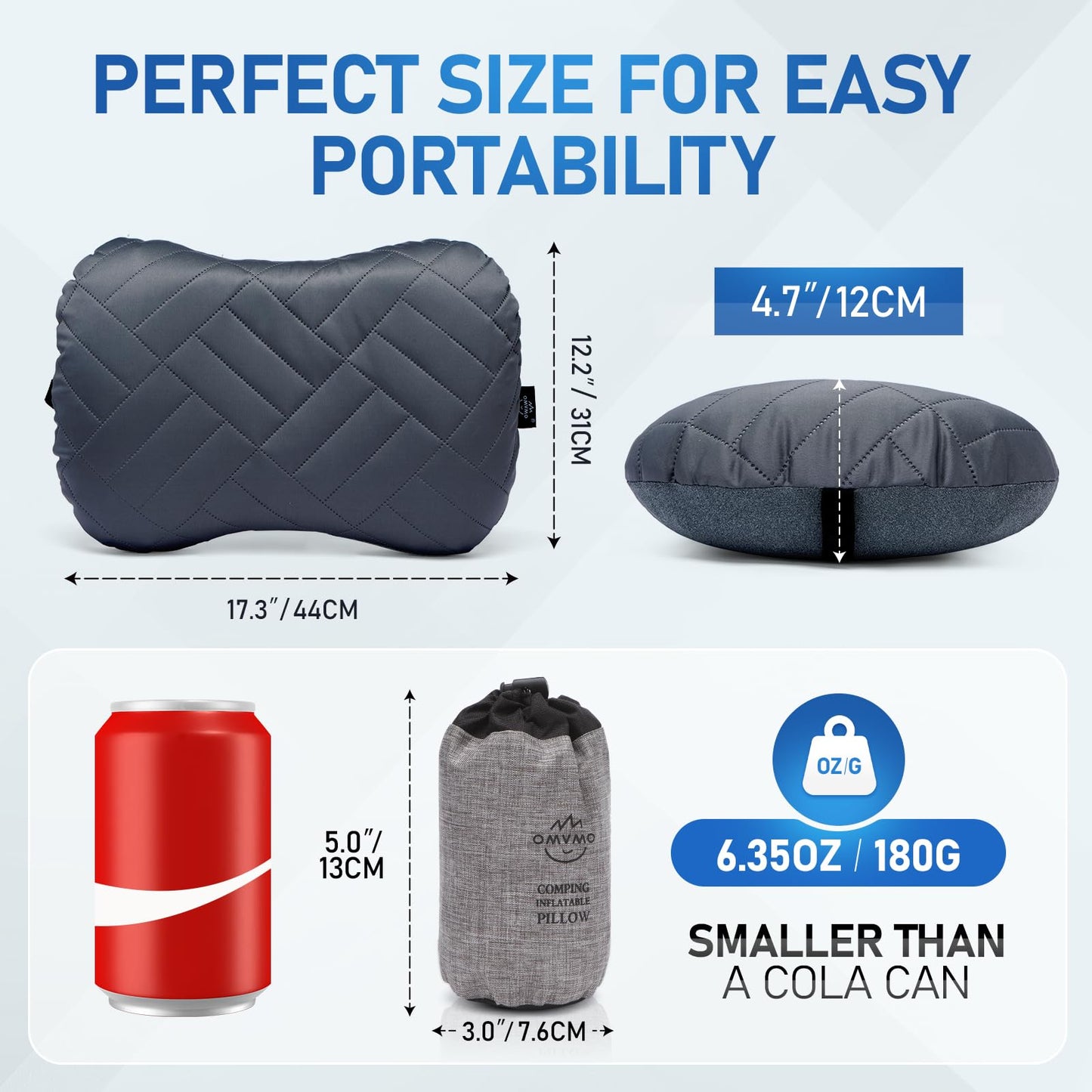 OMVMO Camping Pillow with Washable Removable Cover -Ultralight Inflatable Pillow for Neck Lumbar Support with Silicone Silent Earplugs and 3D Sleep Eye Mask-Travel Air Pillows for Hiking,Backpacking