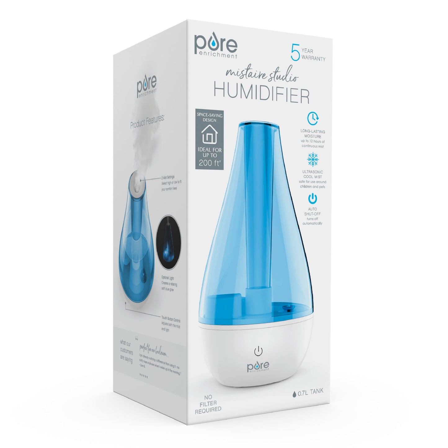 Pure Enrichment MistAire Studio Ultrasonic Cool Mist Humidifier - Small & Compact, Overnight Operation, 2 Mist Settings, Optional Night Light, & Auto Shut-Off - For Offices, Plants & Small Spaces
