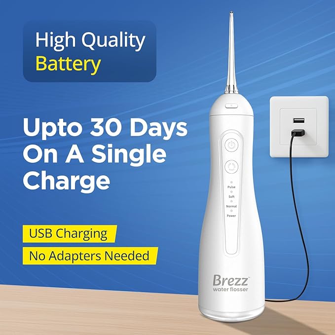 Brezz Water Dental Flosser Pick:Professional for Teeth Cleaning,4 Modes Cordless, Rechargeable IPX 7Waterproof,300ML Large Tank,Electric,Portable Home Travel,5Tips Flossing,Powerful Battery (White)