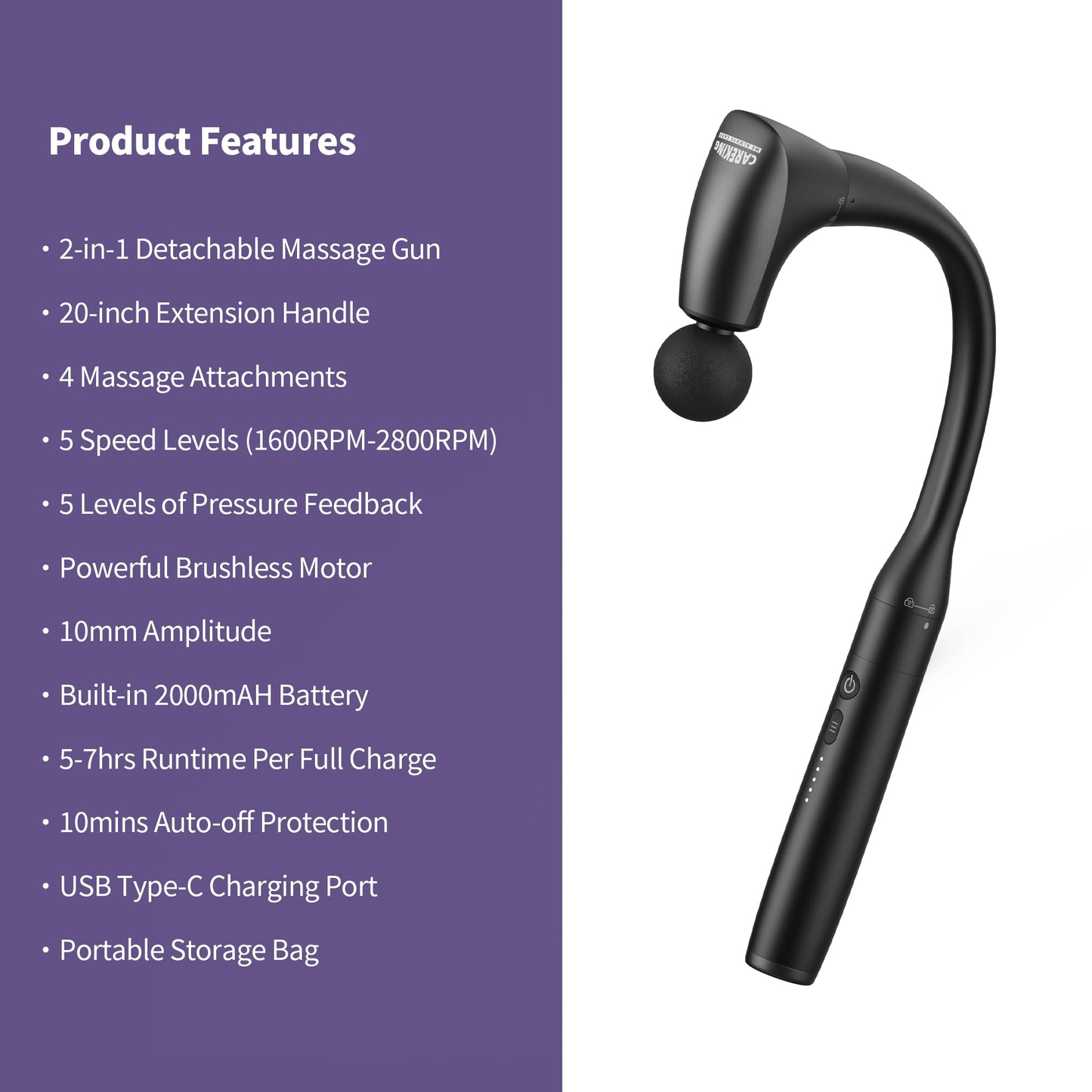 CAREKING 2-in-1 Detachable Muscle Massage Gun Deep Tissue with 20'' Extension Handle, Back and Neck Massager for Pain Relief, Handheld Massager for Shoulder Lower Back Leg Waist, FSA-HSA Eligible