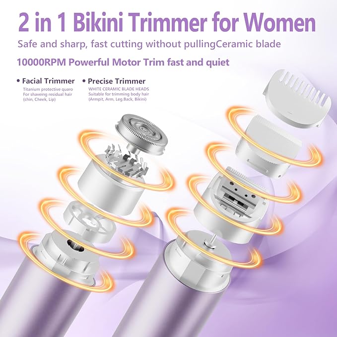 2 in 1 Womens Razors Shaver Bikini Tnimmer, Women Electric Razors for Shaving Underarms Leg Pubic Facial Hair Removal for Waterproof Wet and Dry IPX8