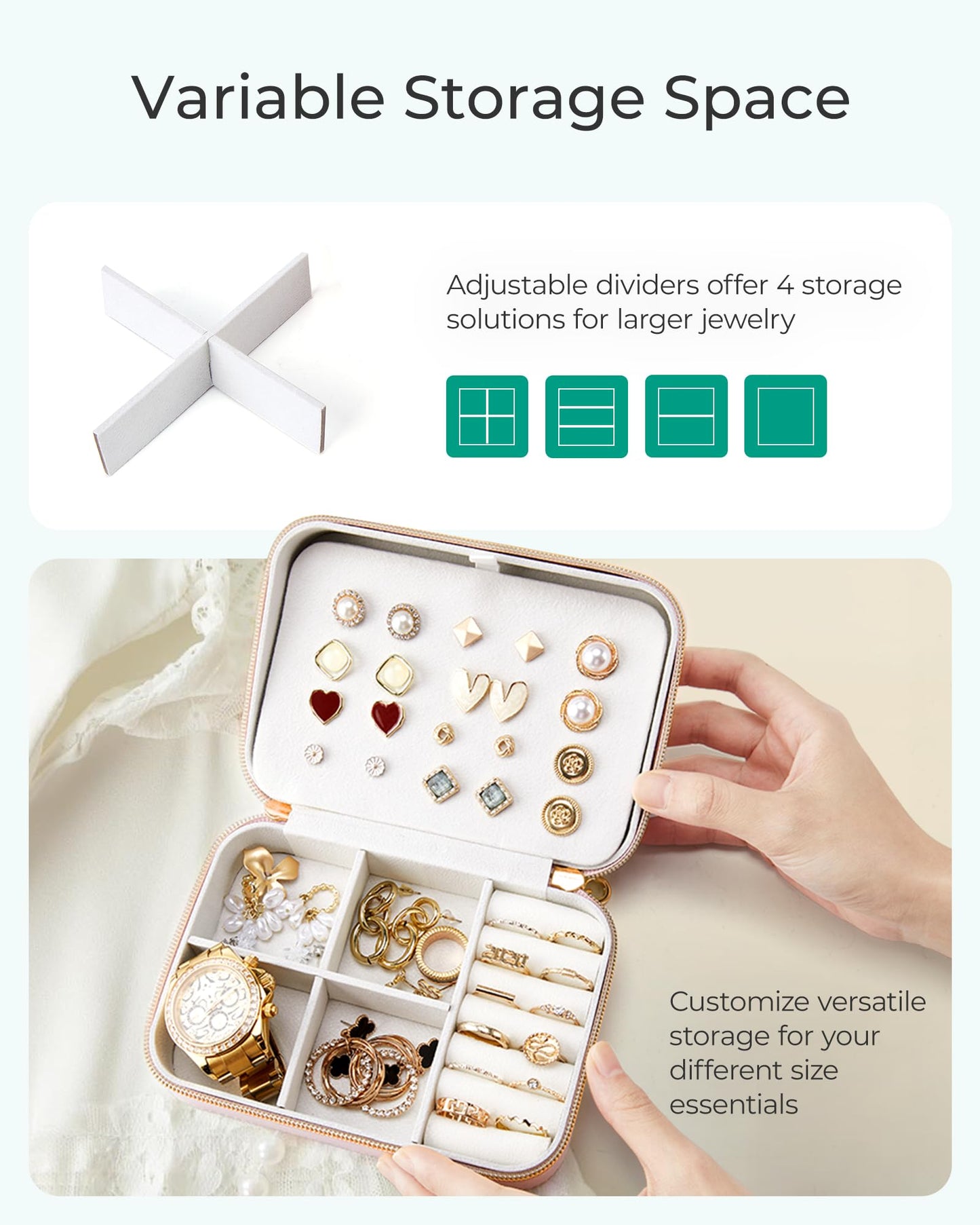 BAGSMART Travel Jewelry Box, Small PU Leather Jewelry Organizer, Portable Double Layer Case for Necklaces, Rings, Earrings, Bracelets, Pink